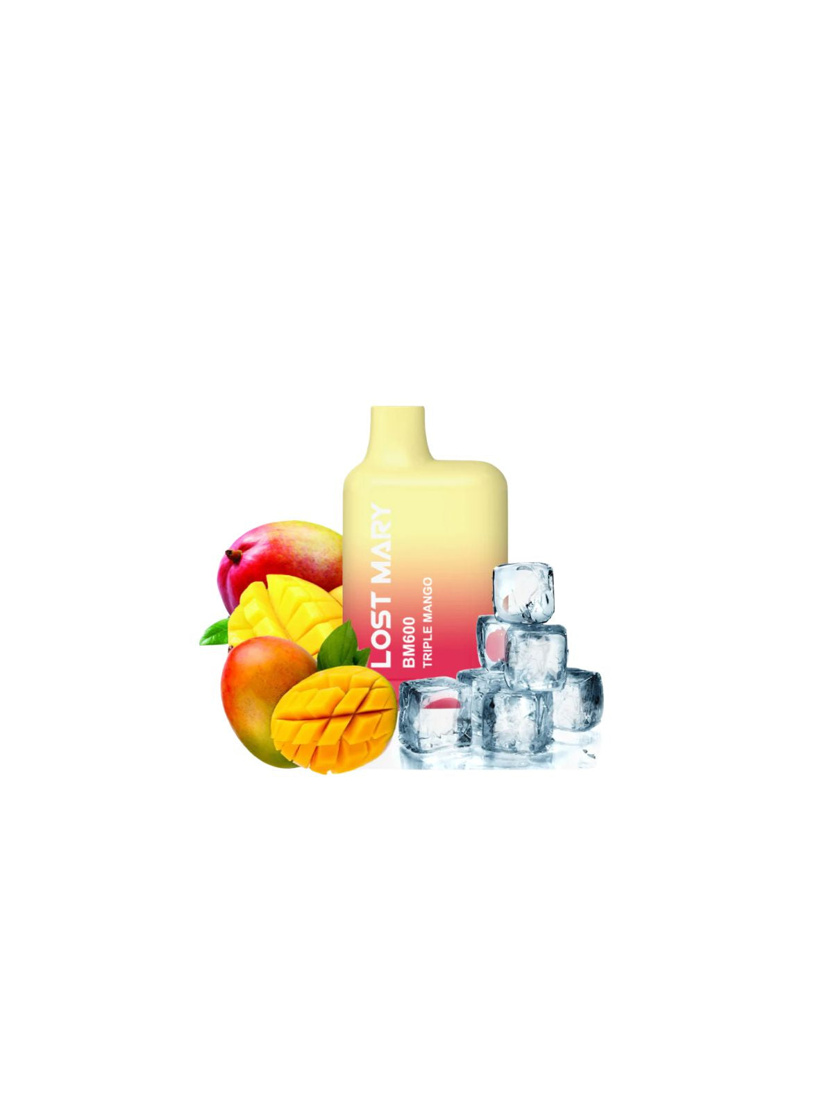 Lost Mary BM600 Triple Mango disposable vape with fast vape delivery in Ibiza. 20mg nicotine disposable vape with sweet tropical mango flavour and up to 600 puffs.